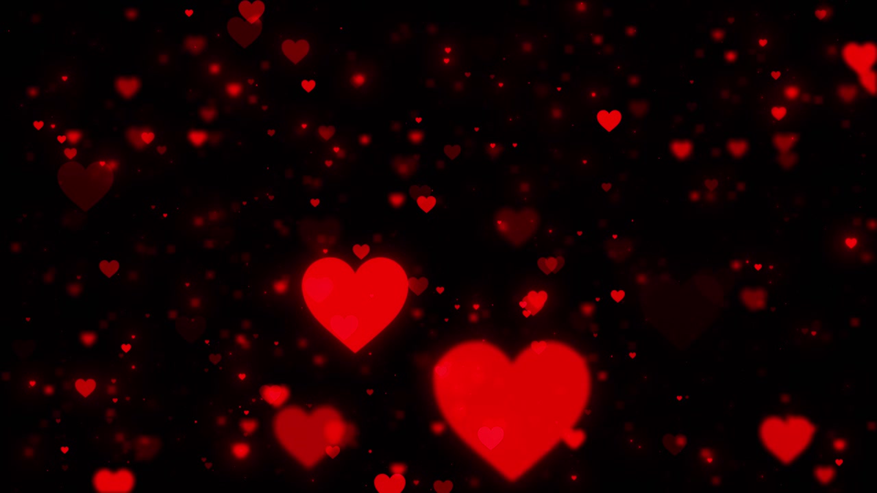 Sfondo di cuori rossi fluttuanti, bokeh morbido, simboli d'amore luminosi e spazio romantico scuro per San Valentino