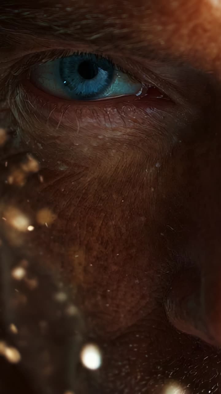 A Close-Up of an Intense Gaze: Capturing the Striking Blue Eye and Textured Skin in a Moment of Intrigue and Mystery Enhanced by Subtle Light Particles