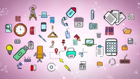 animation of school items icons on purple background