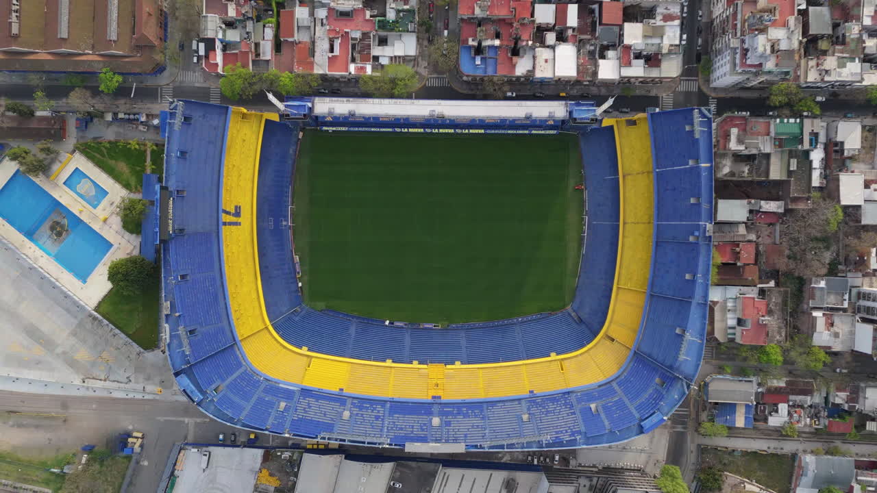 Aerial view of the historic La Bombonera stadium of the Boca Juniors football team. Heritage. Buenos Aires, Argentina.