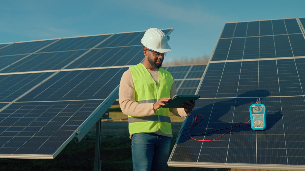 Engineer inspecting solar panels