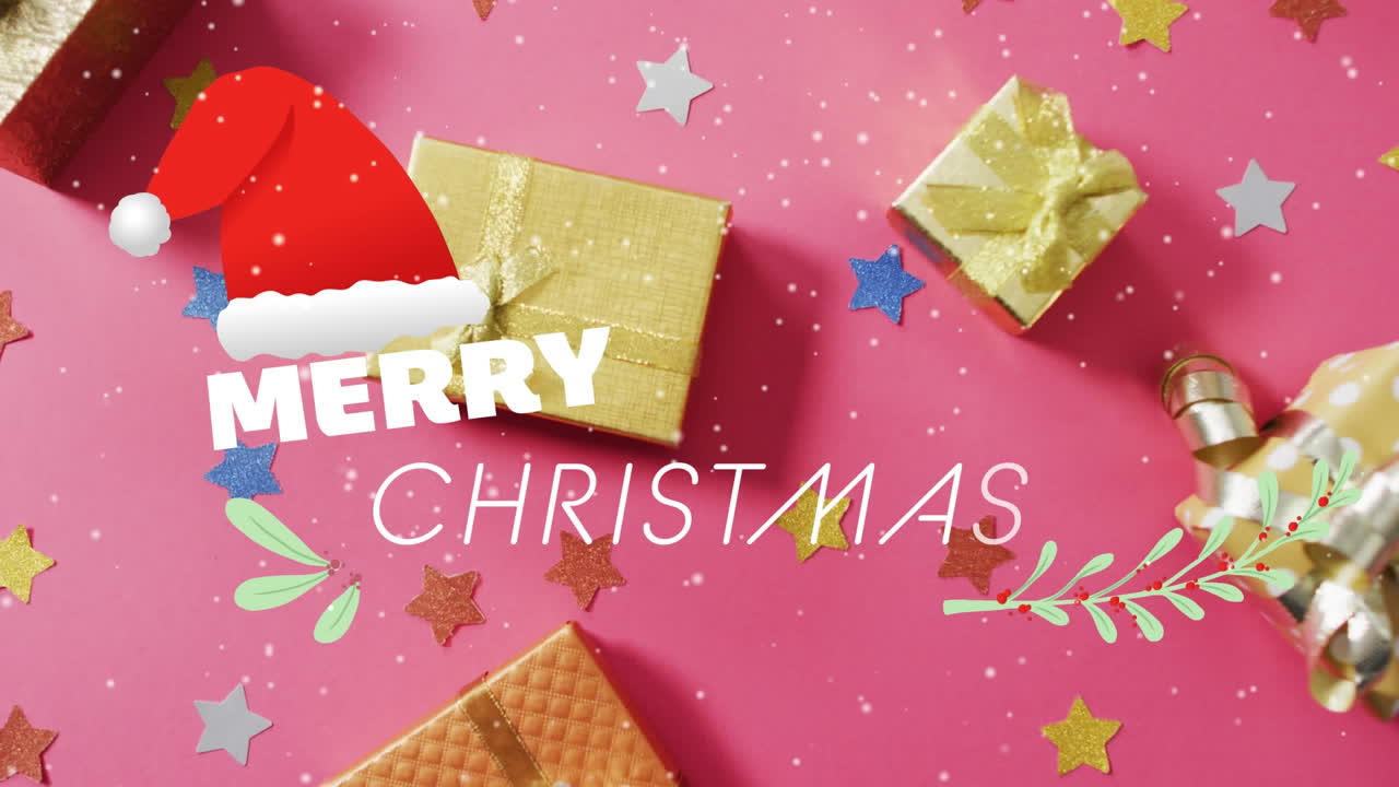 크리스마스 시즌의 애니메이션 크리스마스 장식 위에 눈이 내리는 인사