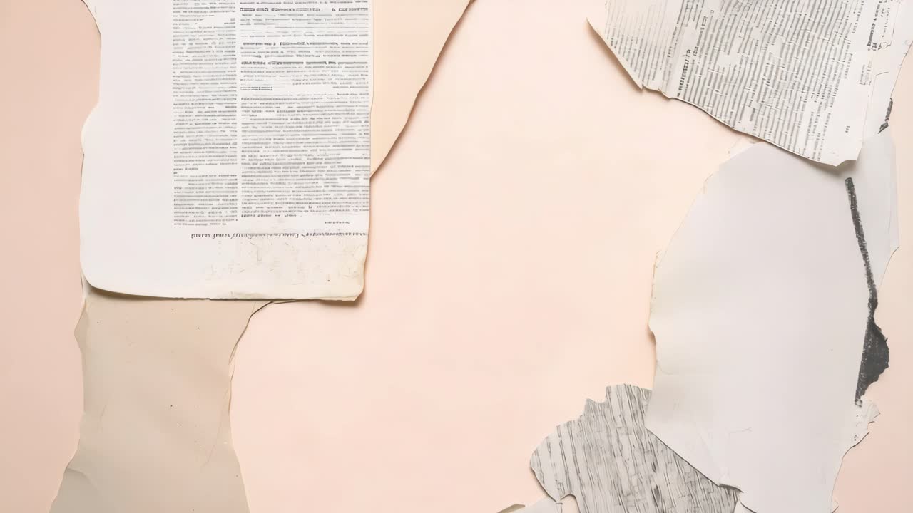 Top-down view of torn paper pieces on a soft pink background, creating a collage effect