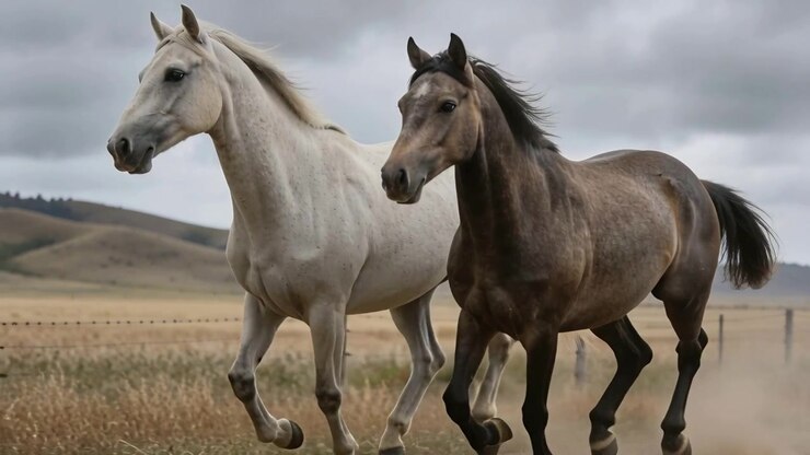 Cavalli grigio chiaro e roano scuro che galoppano, spinti da una raffica, attraverso un pascolo recintato, sollevando polvere.