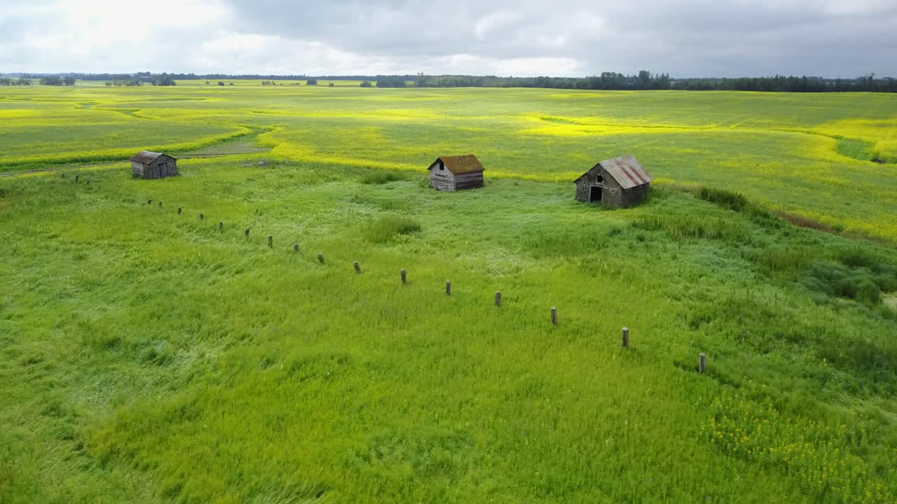 โดรน - บ้านไร่ร้างในทุ่งหญ้าสีเขียวขนาดใหญ่