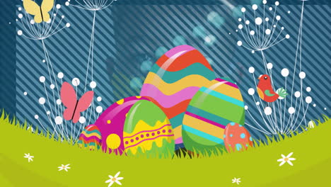 in animation, colorful easter eggs with patterns nestled in grass with butterflies