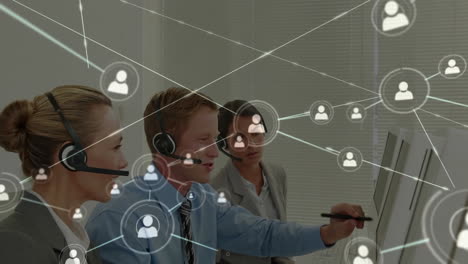 Animation-of-network-of-connections-over-diverse-colleagues-using-phone-headsets-in-office