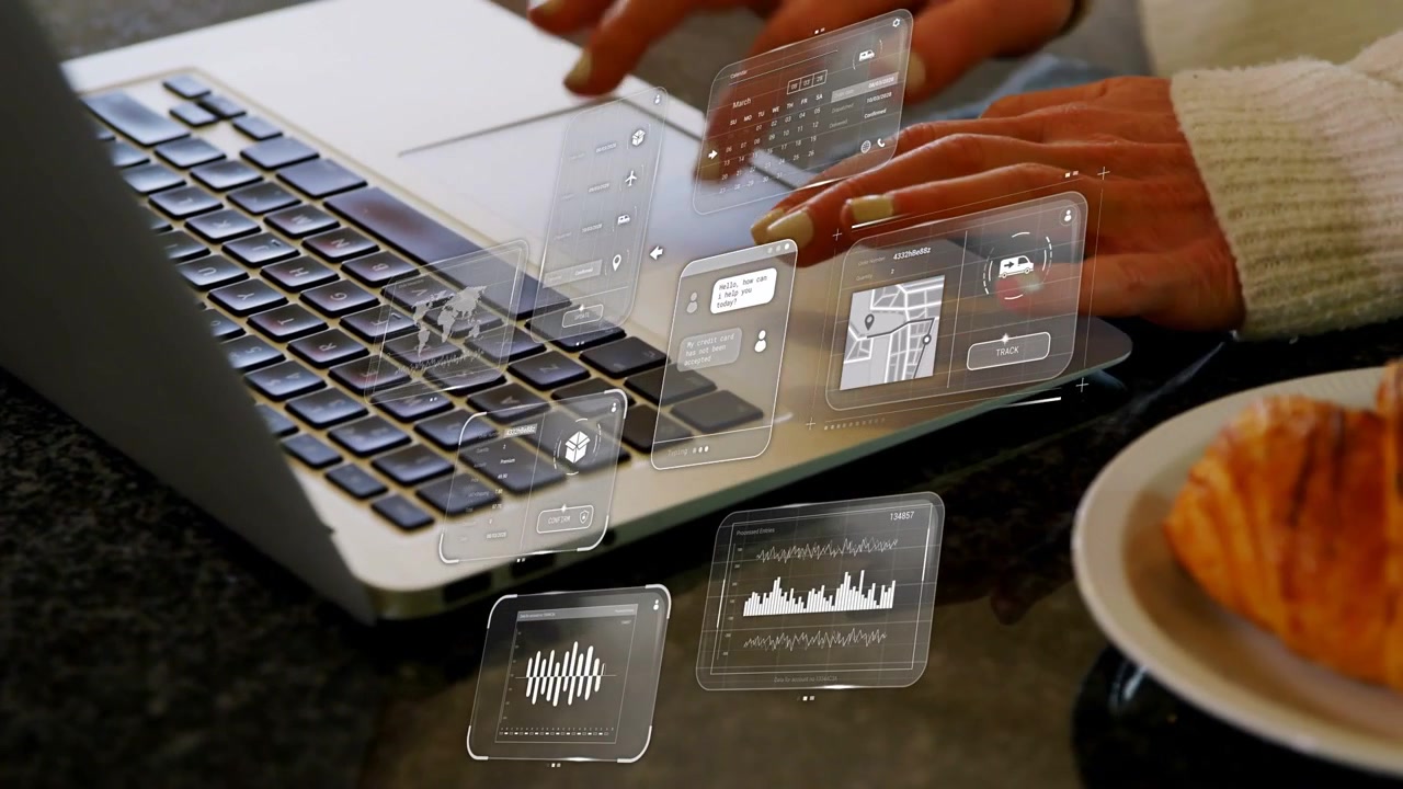 Hovering hands starting holo panels, typing on laptop, moving pastry plate while analyzing charts