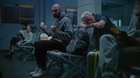 tired travelers waiting at airport
