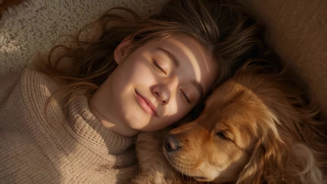 Blinds' light waking woman in turtleneck, opening eyes toward golden dog on rug, sharing bond