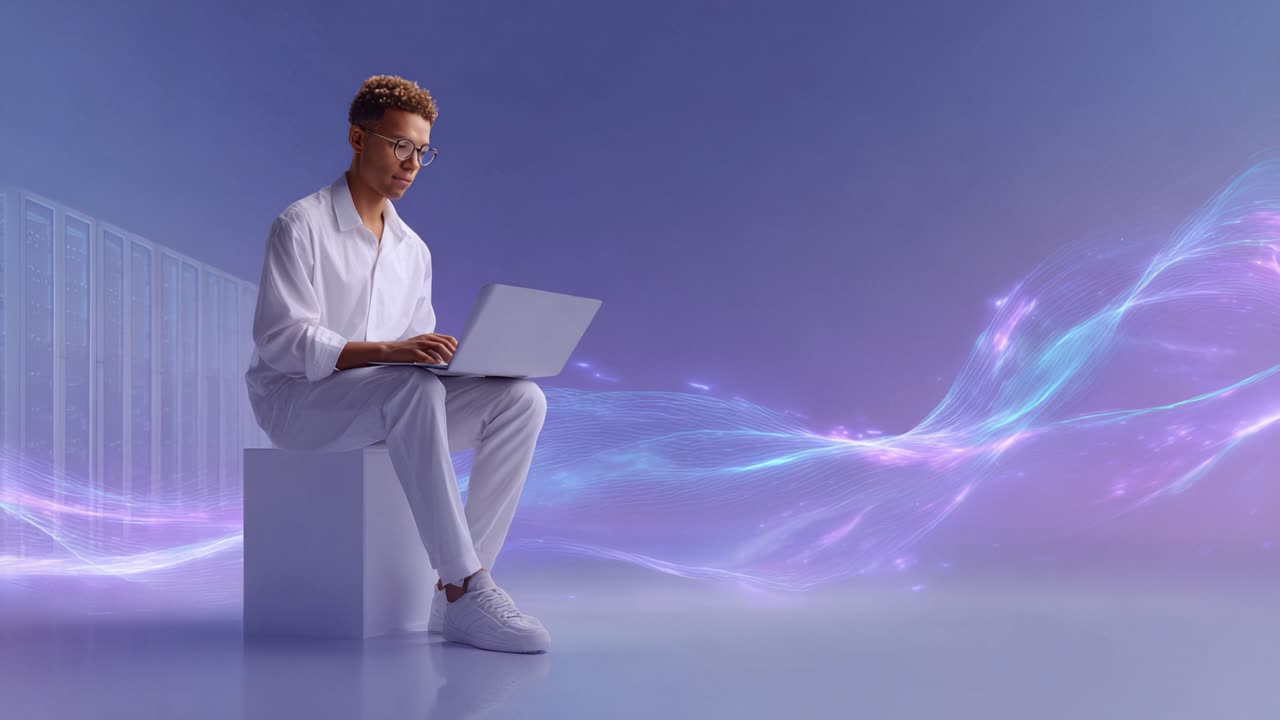 A focused individual sits on a pedestal, engaged with a laptop in a futuristic digital environment, surrounded by flowing waves of light and technology