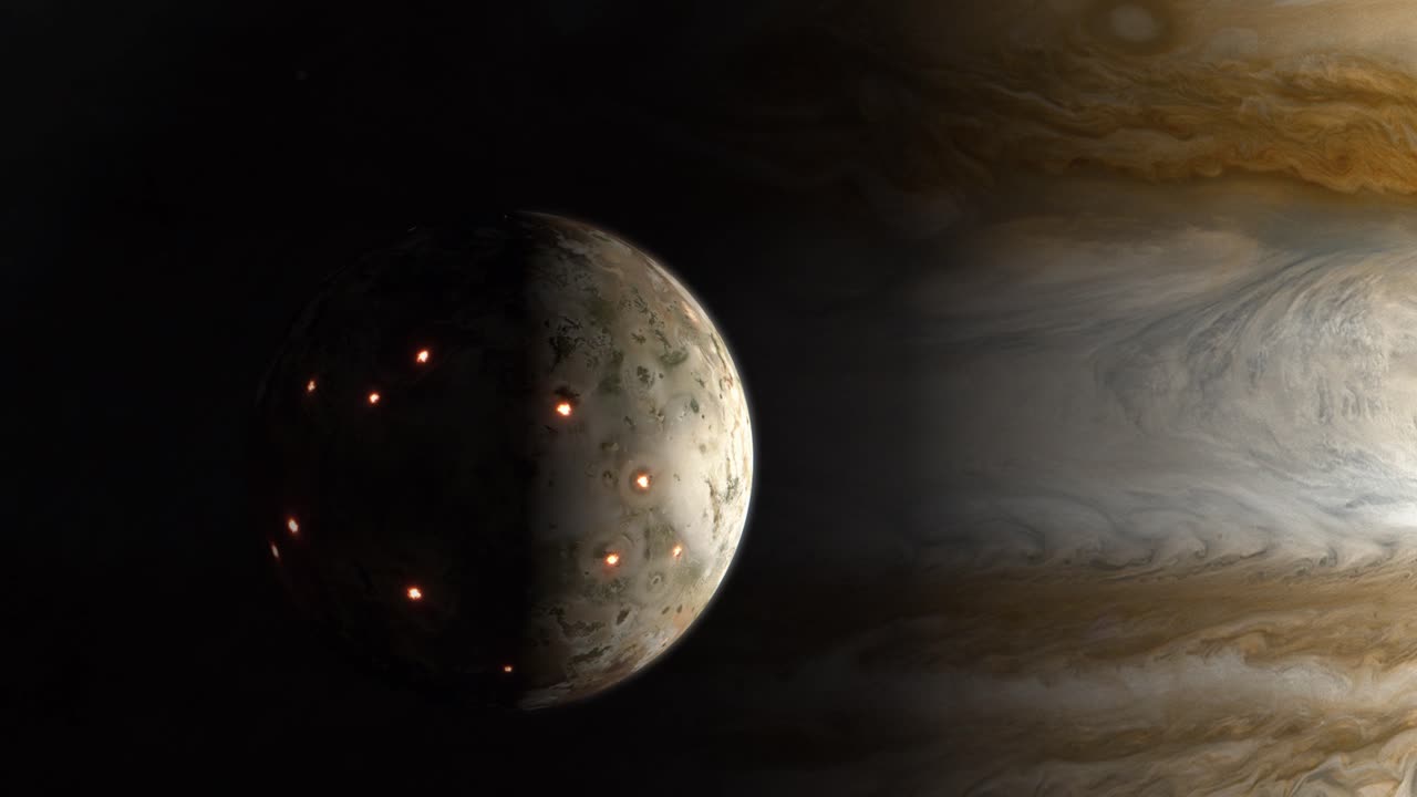 fotografía cercana de la luna volcánica io emergiendo de la sombra del gigante gaseoso júpiter