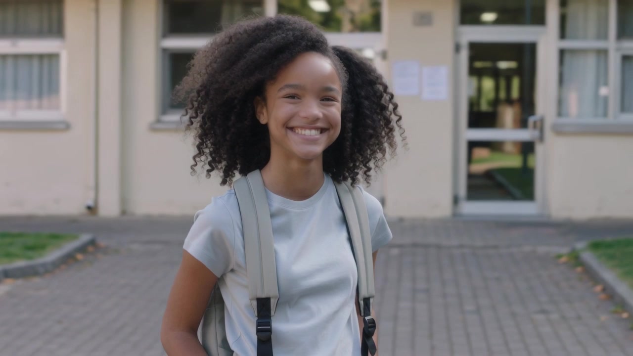 Adolescente sorridente posando para a câmera enquanto a câmera se afasta na escola, vestindo camiseta clara e mochila.