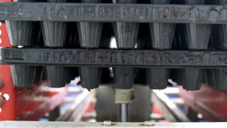 machine shakes seedling trays and stack them, telephoto close-up