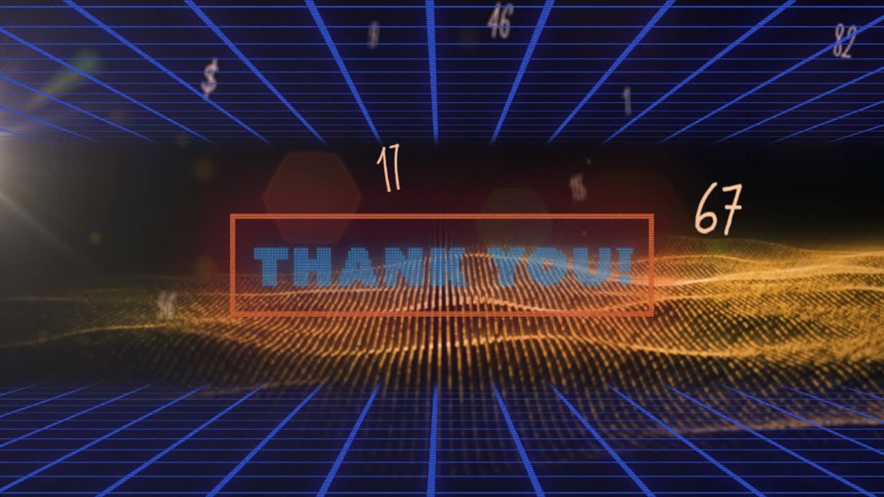 그리드와 날아다니는 숫자 위에 감사 텍스트의 애니메이션