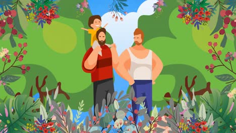 Animation-of-gay-couple-with-child-over-leaves-and-trees