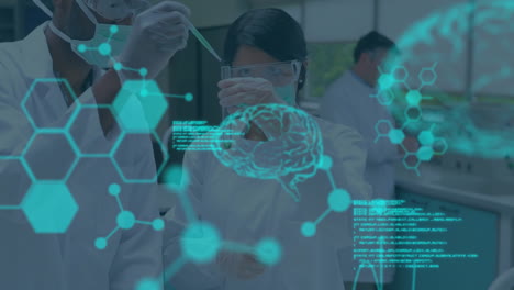 animación del procesamiento de datos científicos sobre diversos científicos en el laboratorio