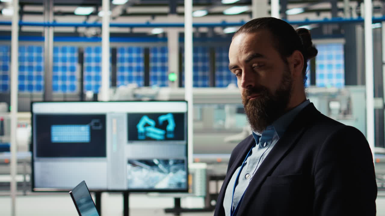 Man In Solar Panels Plant Using Laptop To Improve Solar Cells Efficiency