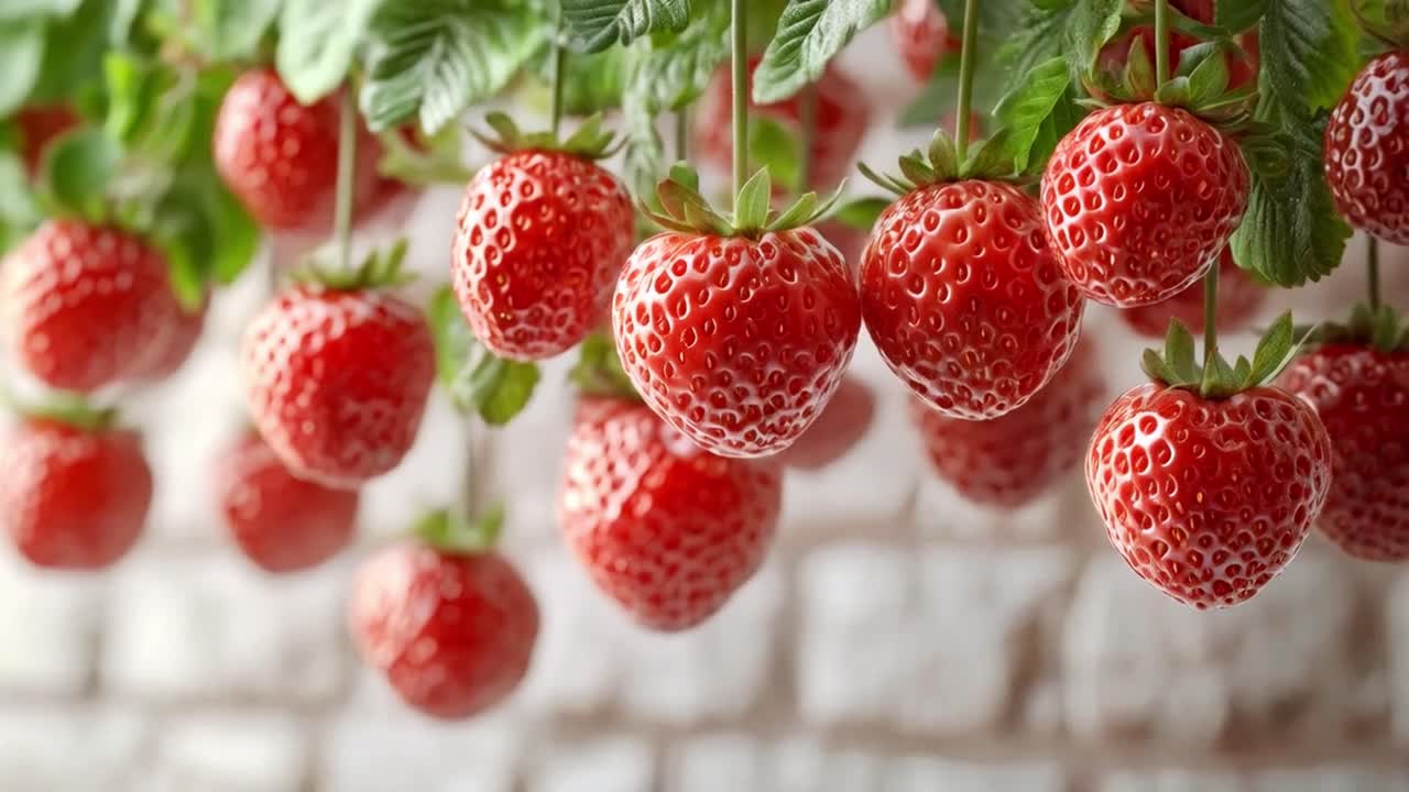 Fresh Red Strawberries Hanging from Plants