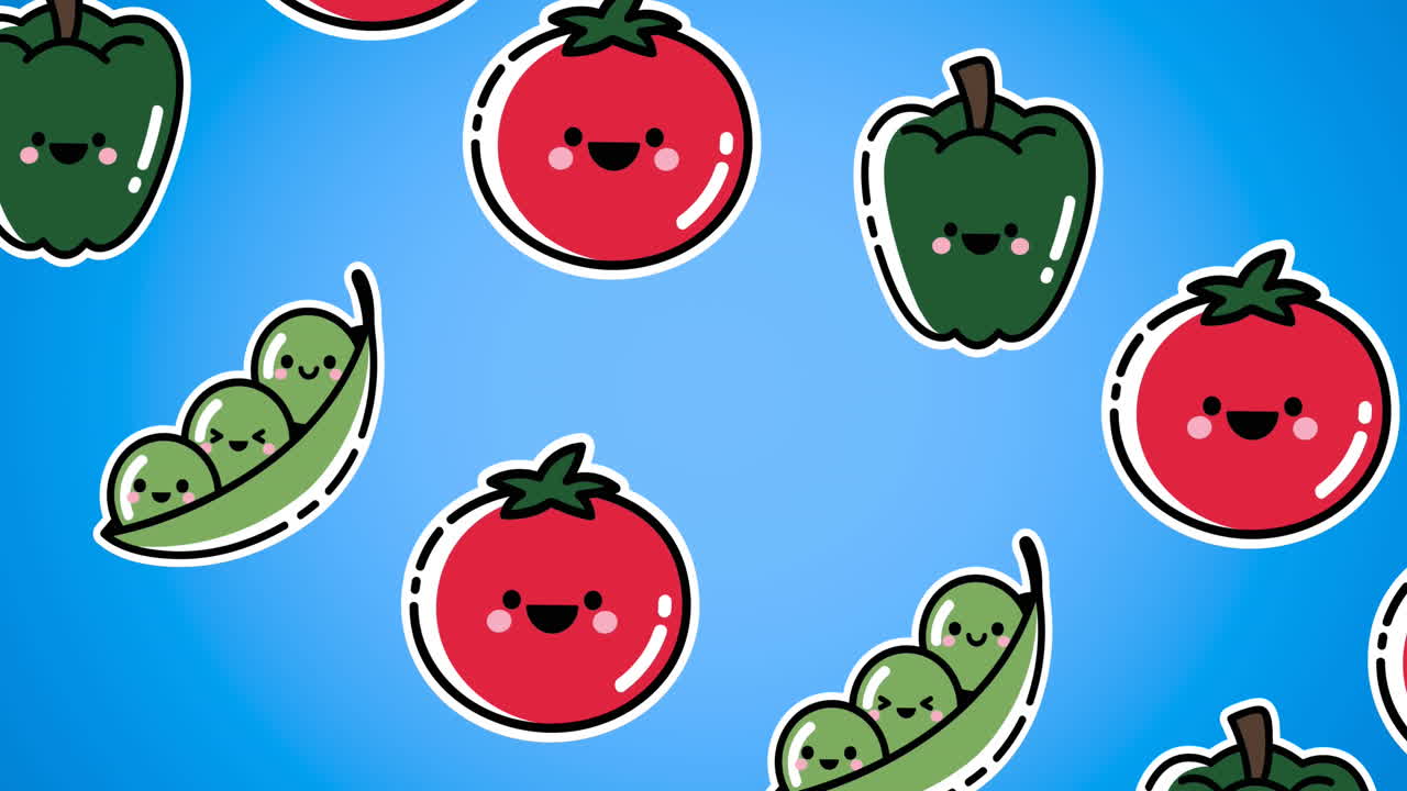 animación de la ilustración con texto pow sobre verduras con caras sonrientes sobre fondo azul