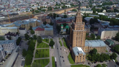 aerial view of iconic latvian academy of sciences skyscraper in riga - latvia