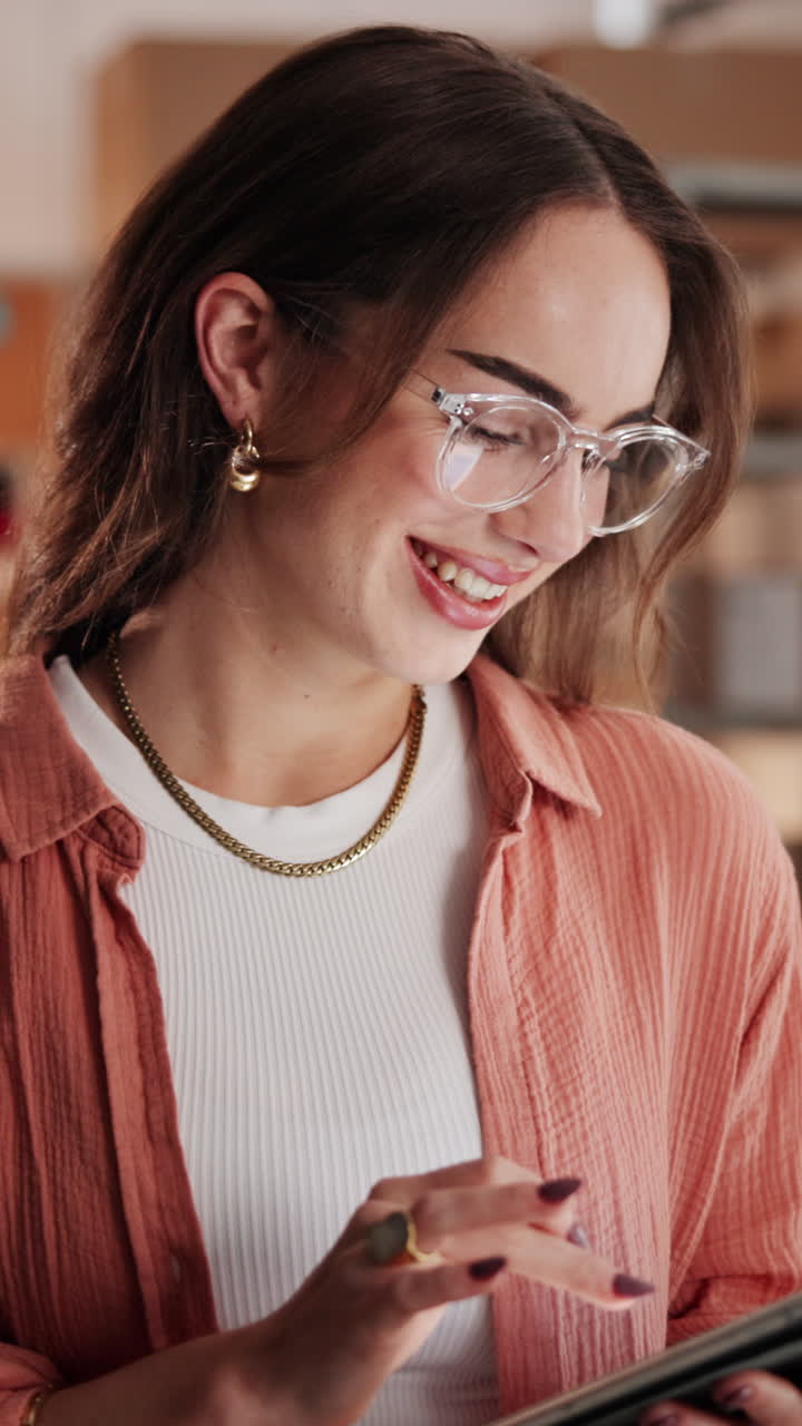 Young Woman Smiling While Using Digital Tablet