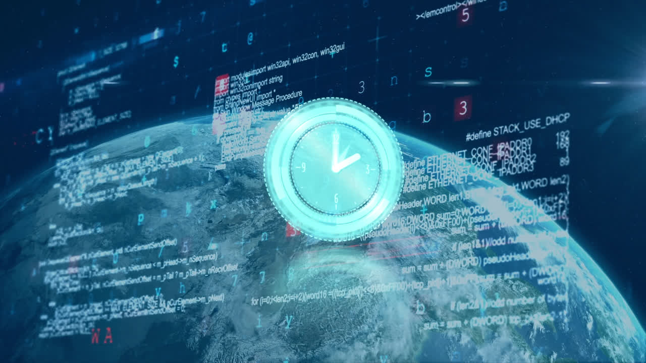 animación de reloj moviéndose sobre el globo, procesamiento de datos y sol sobre fondo azul