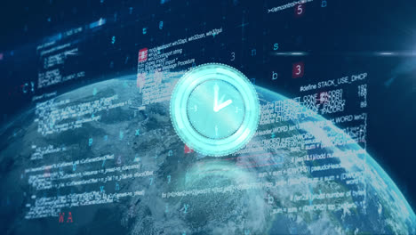 animation of clock moving over globe, data processing and sun on blue background