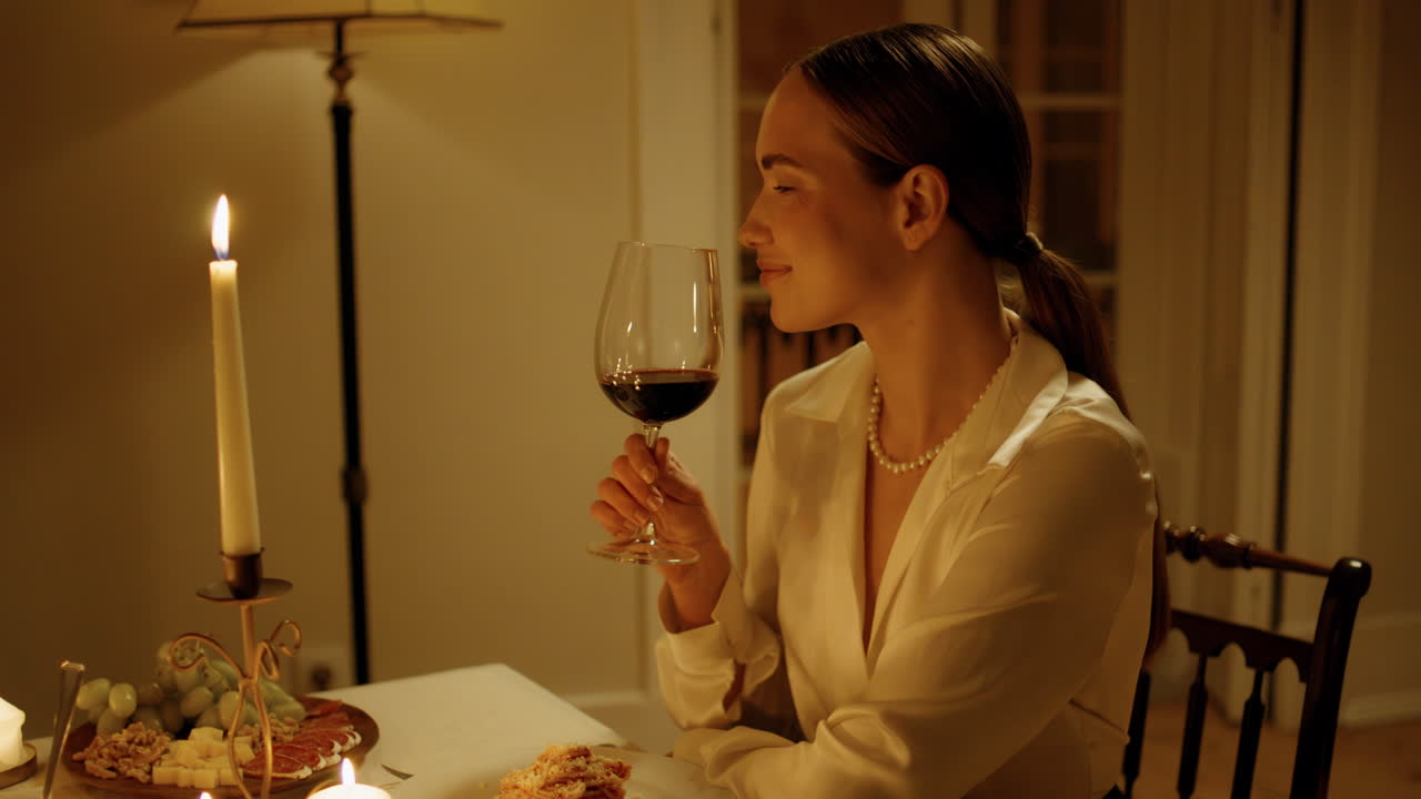 Gorgeous woman sniffing wine at candles table. Girl clinking glasses husband