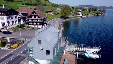 the road at swiss lake from drone view