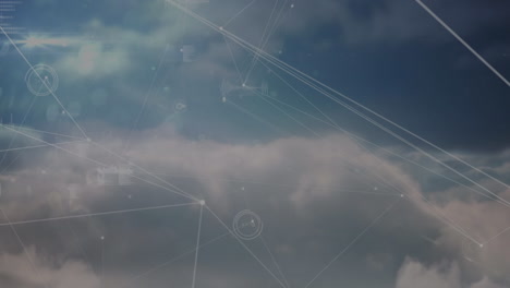 animation of network of connections and data processing over clouds