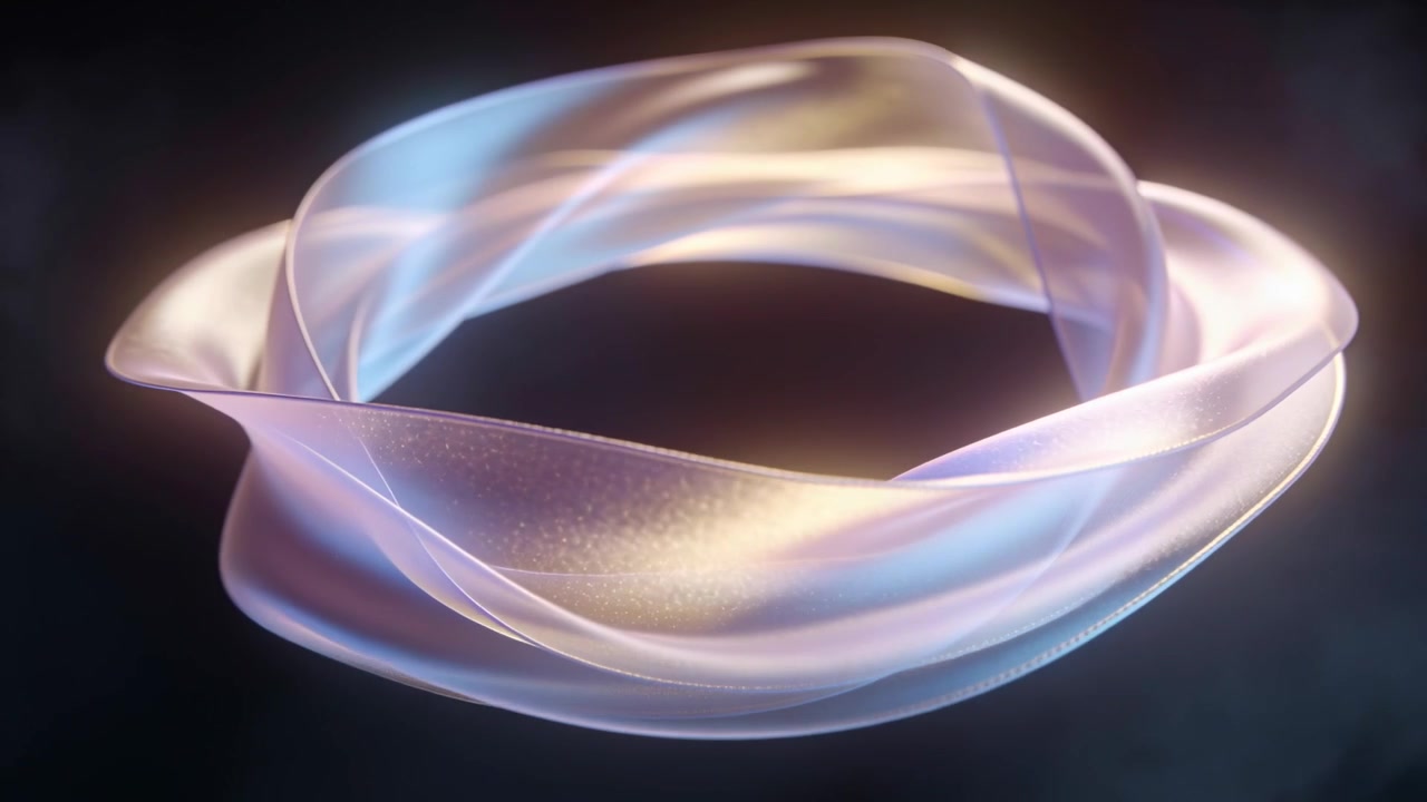 Rotating ribbon torus folding, revealing inner texture in dark studio with lights shifting, haze