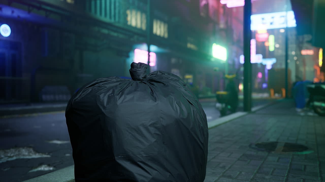 Dark street with neon lights and a large black trash bag on the sidewalk