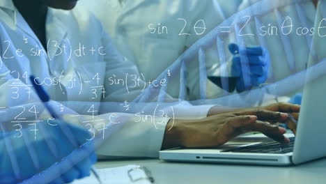 animation of dna strand spinning with calculations on female lab worker using laptop in background.