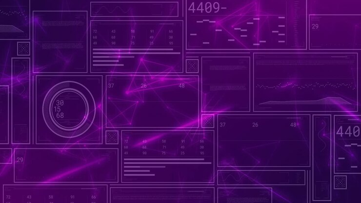 Wireframe panels appearing after startup signal, glowing magenta network pulsing and updating data