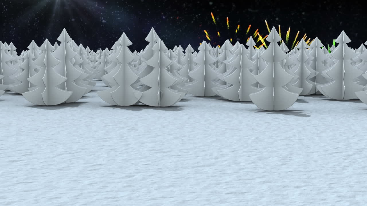 겨울 풍경에 떨어지는 불꽃놀이와 눈송이의 애니메이션