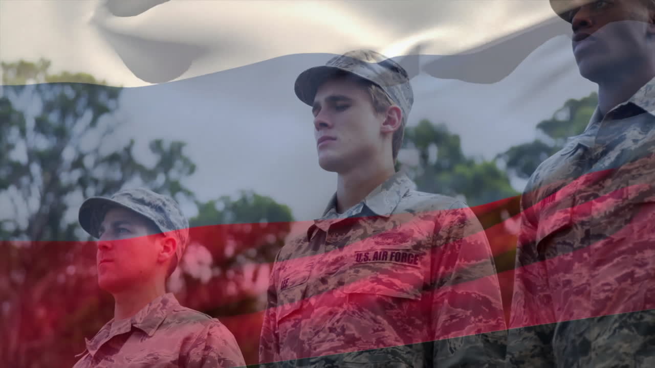 Animation of flag of russia over diverse male soldiers saluting