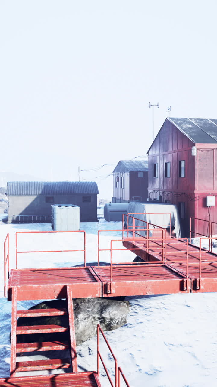 plataforma de metal rojo y estructuras en una estación de investigación antártica