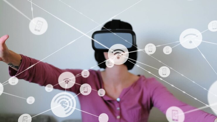 Animation of network of connections with icons over woman wearing vr headset