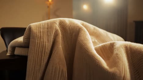 close-up of a soft, white blanket draped over a brown couch