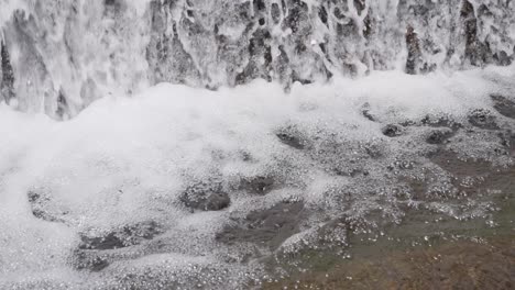 close-up of white foamy water swirling at the base of a waterfall in a natural setting
