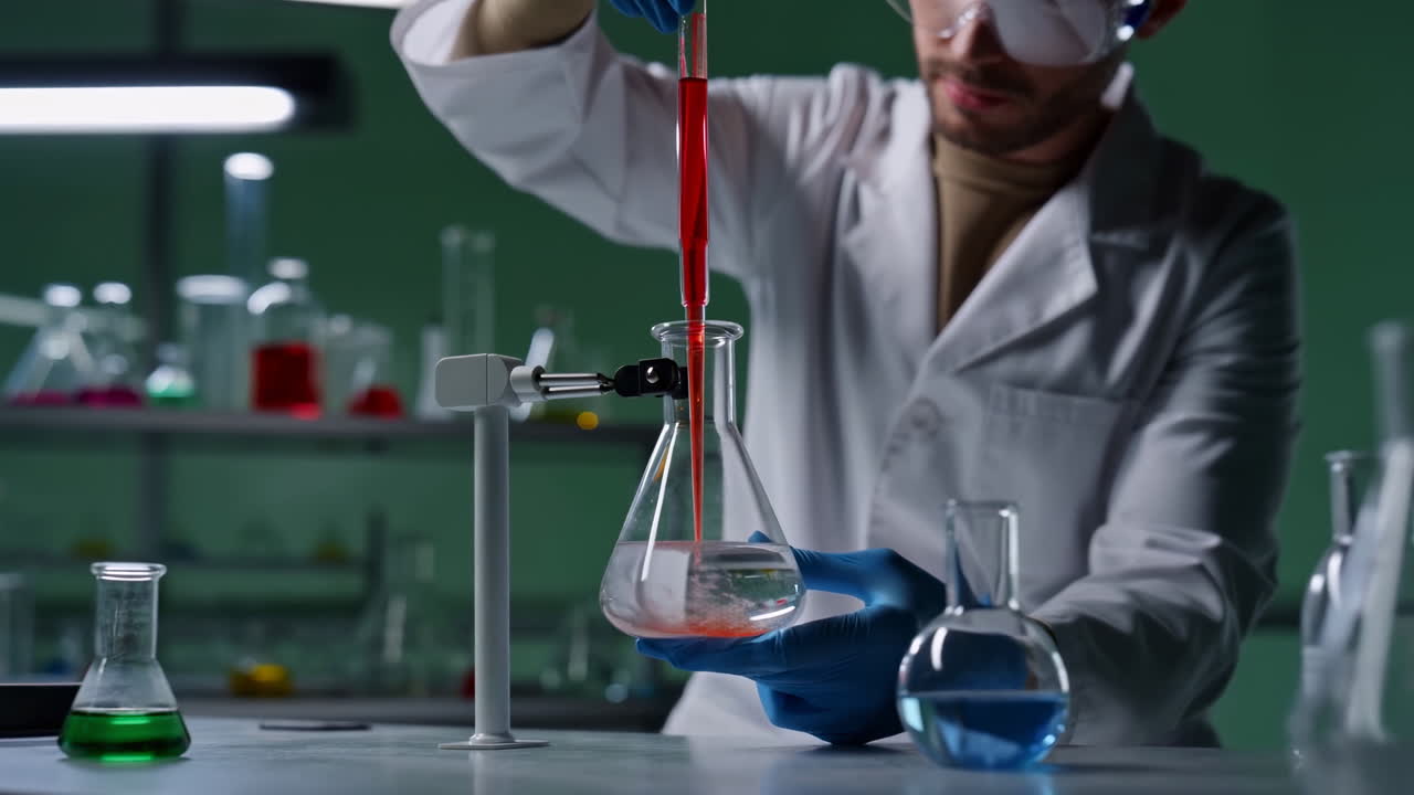 Scientist Pipetting Red Solution Into Flask, Focused Chemist In White Coat And Safety Goggles Performs