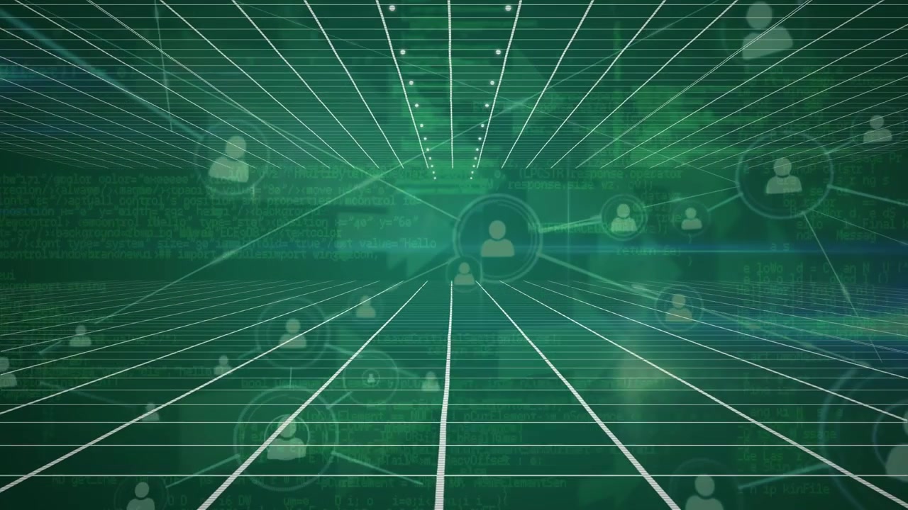 Animazione di una rete di connessioni per l'elaborazione dati con icone su una griglia.