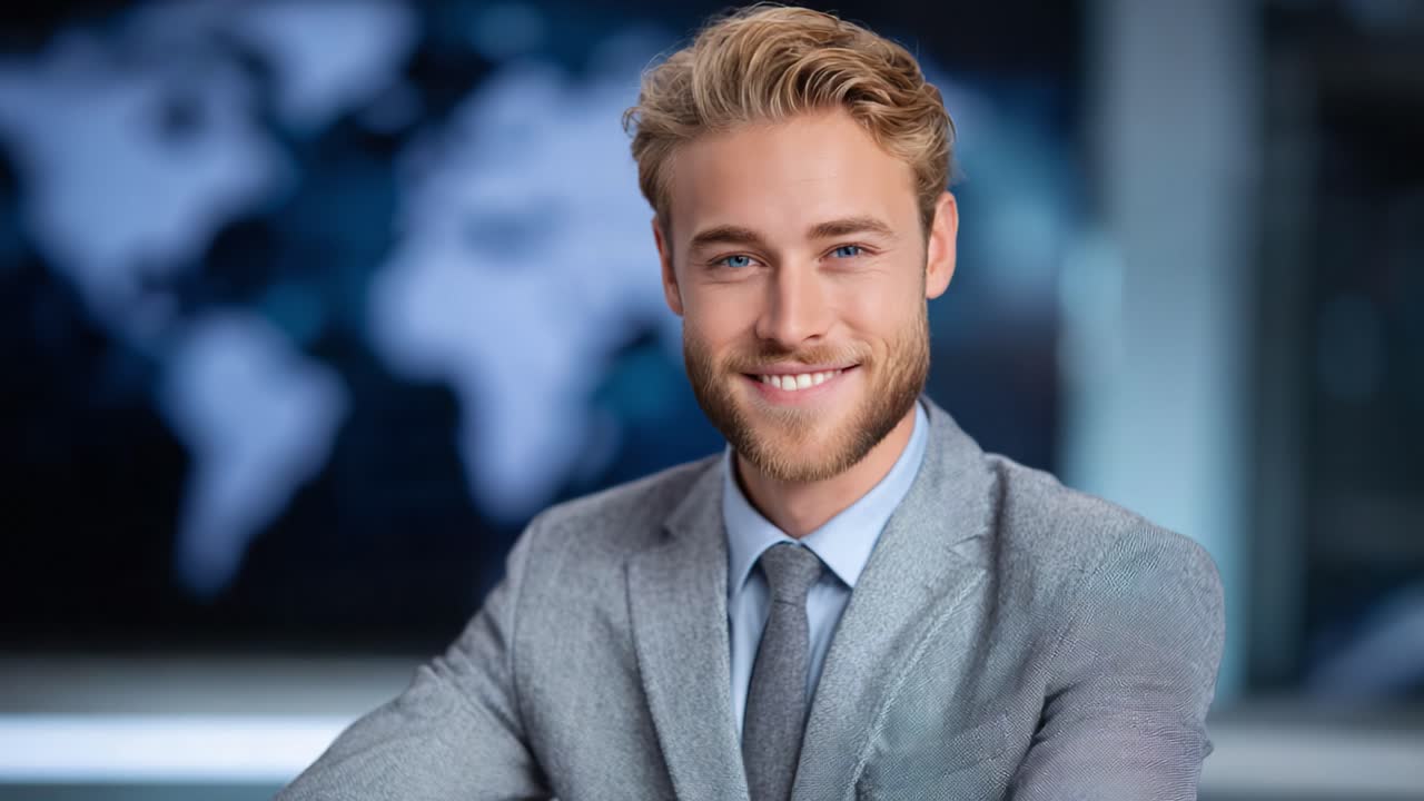 Confident presenter in a modern newsroom delivering engaging news content, showcasing professionalism and charisma, with a world map in the background emphasizing global awareness