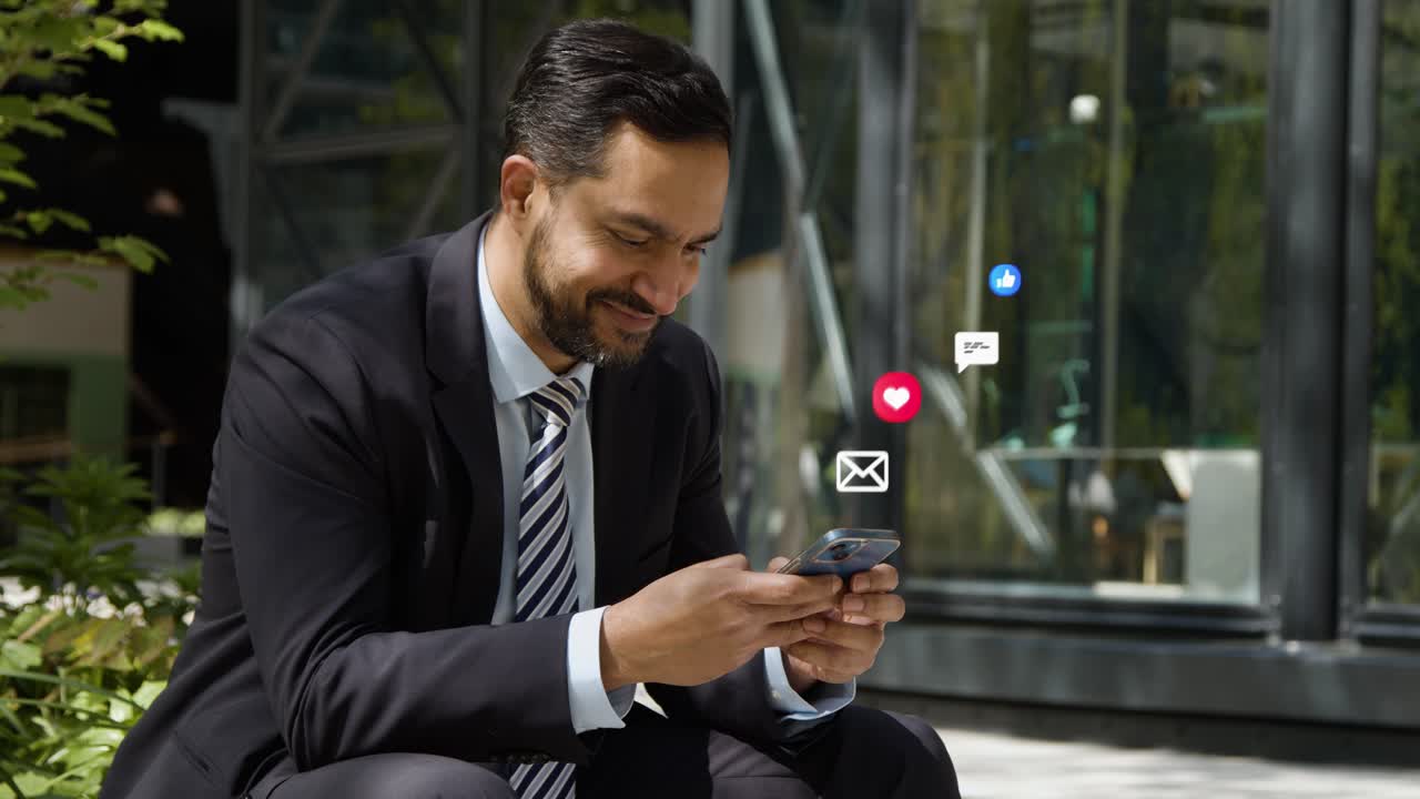 Businessman Sitting Outside City Offices Looking At Mobile Phone With Motion Graphics Emojis Showing Multiple Messaging And Social Media Notifications