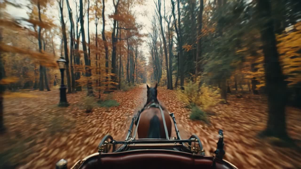A Tranquil Journey Through Autumn's Embrace: A Horse-Drawn Carriage Gliding Along a Leaf-Covered Path Amidst Vibrant Forest Colors