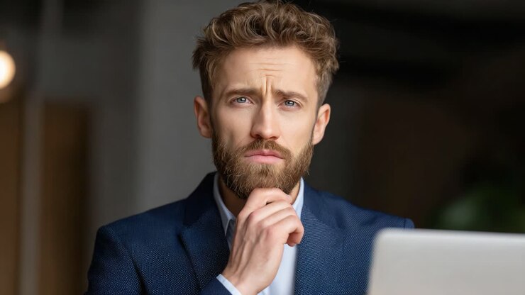 A Thoughtful Professional Man in a Suit Contemplating Ideas While Working on a Laptop in an Office Environment, Deep in Focus and Reflection