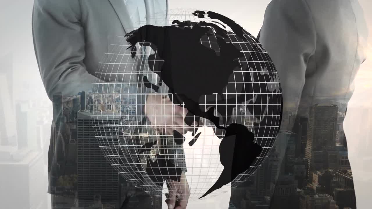 animación del globo sobre el apretón de manos del hombre de negocios