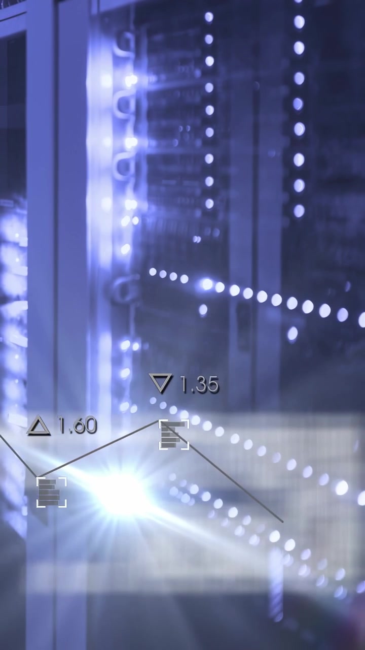 Data feed starting HUD overlaying server rack, dotted LEDs pulsing, markers updating for monitoring