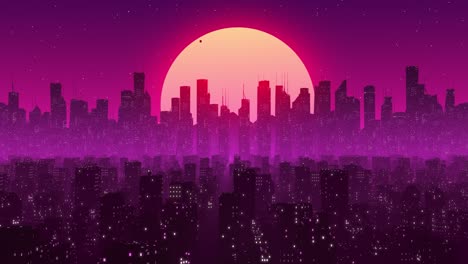 Ciudad-De-Noche-3d,-Puesta-De-Sol-De-La-Ciudad,-Neones-Morados,-Estilo-Vaporwave,-Retro-Futurista-80s-90s,-Ciencia-Ficción